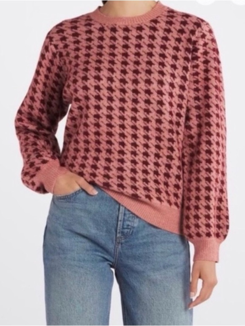 FATE Pink/Burgandy Houndstooth Crewneck Sweater
